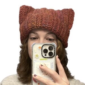 chunky red cat beanie